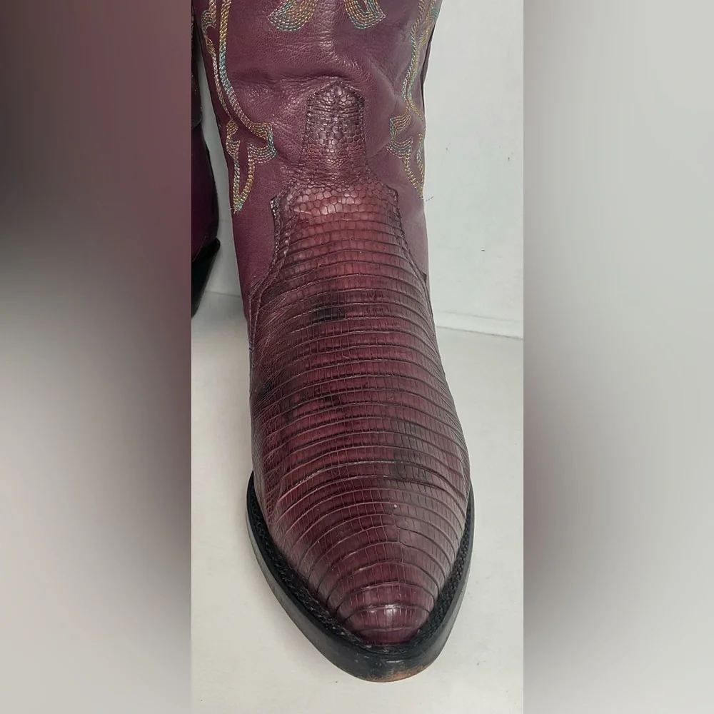 Vintage Larry Mahan Tall Purple Cowgirl Boots 8.5 B USA Made Lizard Teju - Picture 11 of 16